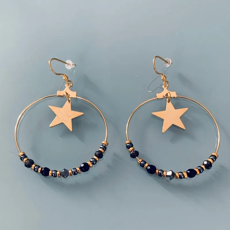 Clover Golden Creole Earrings | Creoles with Pendant and Stones | Golden Rings | Golden Jewelry