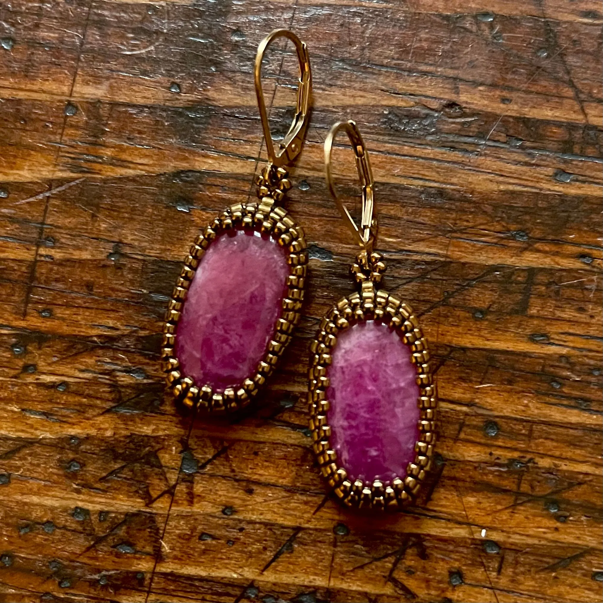 Cobalt Calcite Oval Beaded Earrings - OOAK
