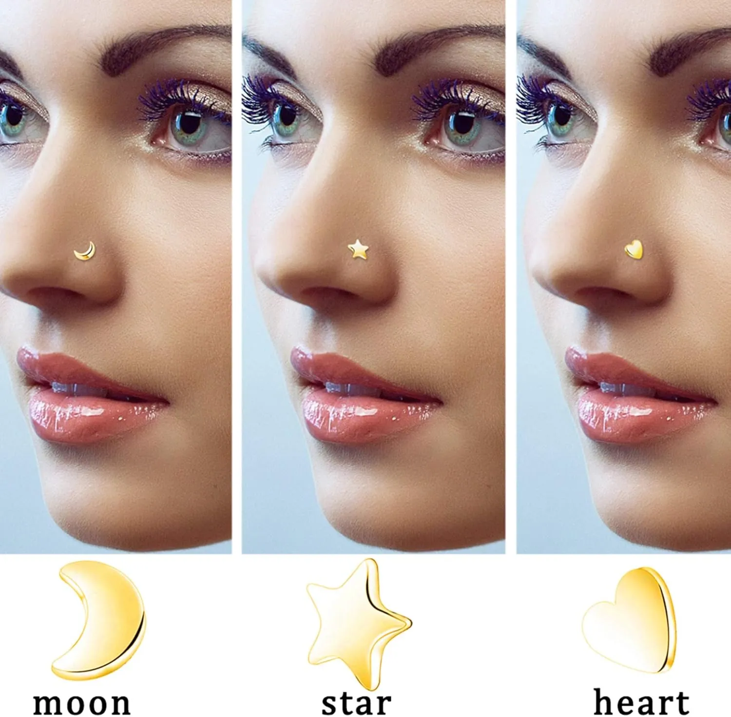 COCHARM 14k Gold Nose Stud 20g Star Moon Heart Yellow Gold Nose Ring Stud L Shape 14K Real Gold Nose Piercing 14kt Solid Gold Nostril Stud l for Women Men