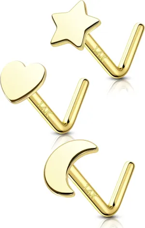 COCHARM 14k Gold Nose Stud 20g Star Moon Heart Yellow Gold Nose Ring Stud L Shape 14K Real Gold Nose Piercing 14kt Solid Gold Nostril Stud l for Women Men