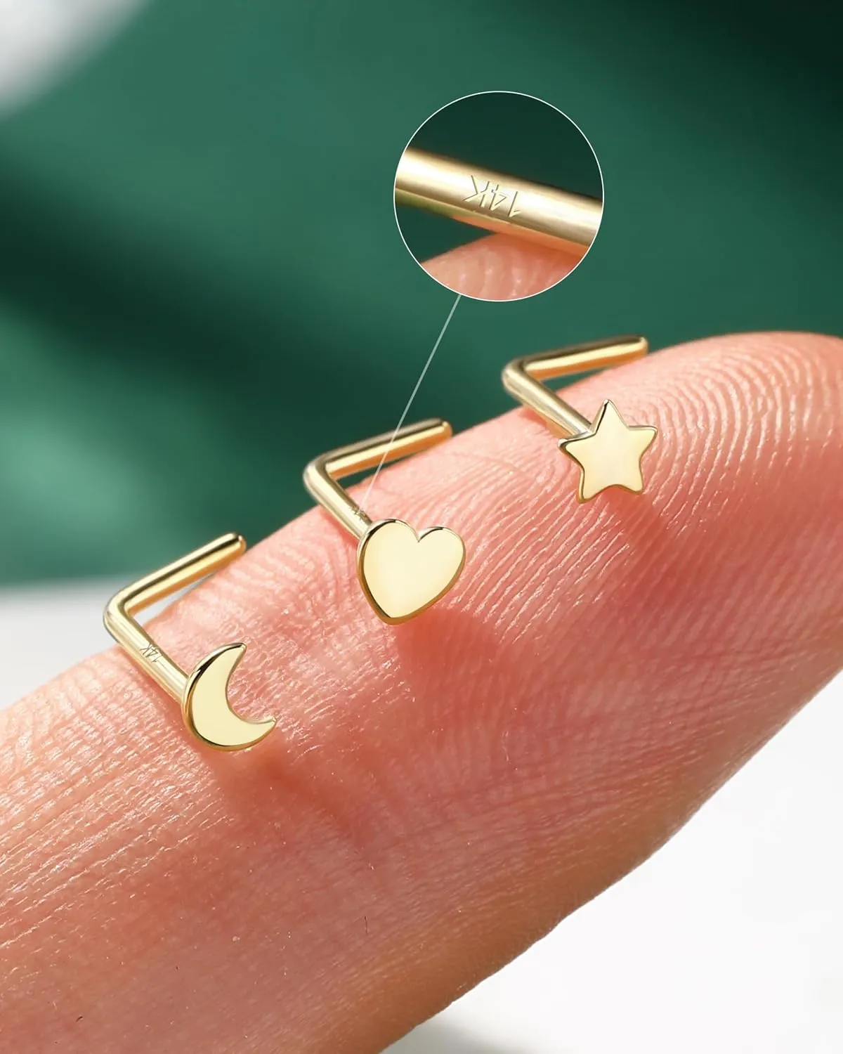 COCHARM 14k Gold Nose Stud 20g Star Moon Heart Yellow Gold Nose Ring Stud L Shape 14K Real Gold Nose Piercing 14kt Solid Gold Nostril Stud l for Women Men