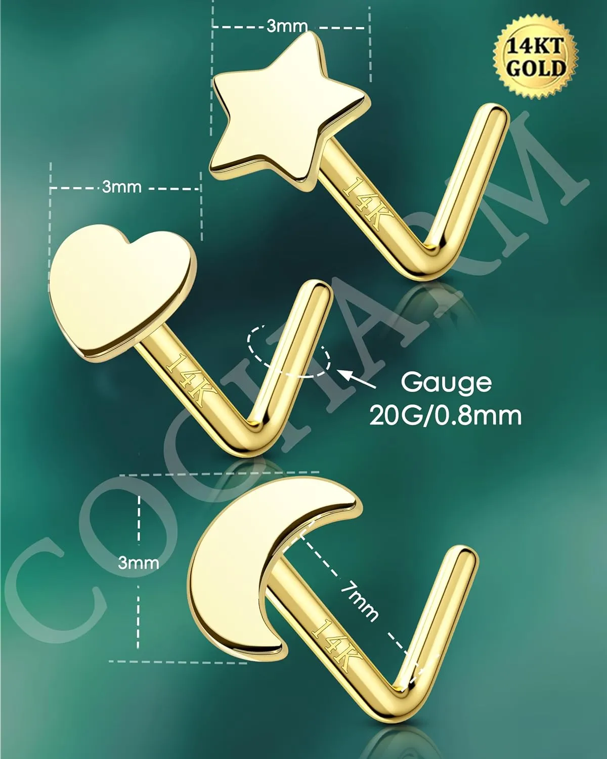 COCHARM 14k Gold Nose Stud 20g Star Moon Heart Yellow Gold Nose Ring Stud L Shape 14K Real Gold Nose Piercing 14kt Solid Gold Nostril Stud l for Women Men