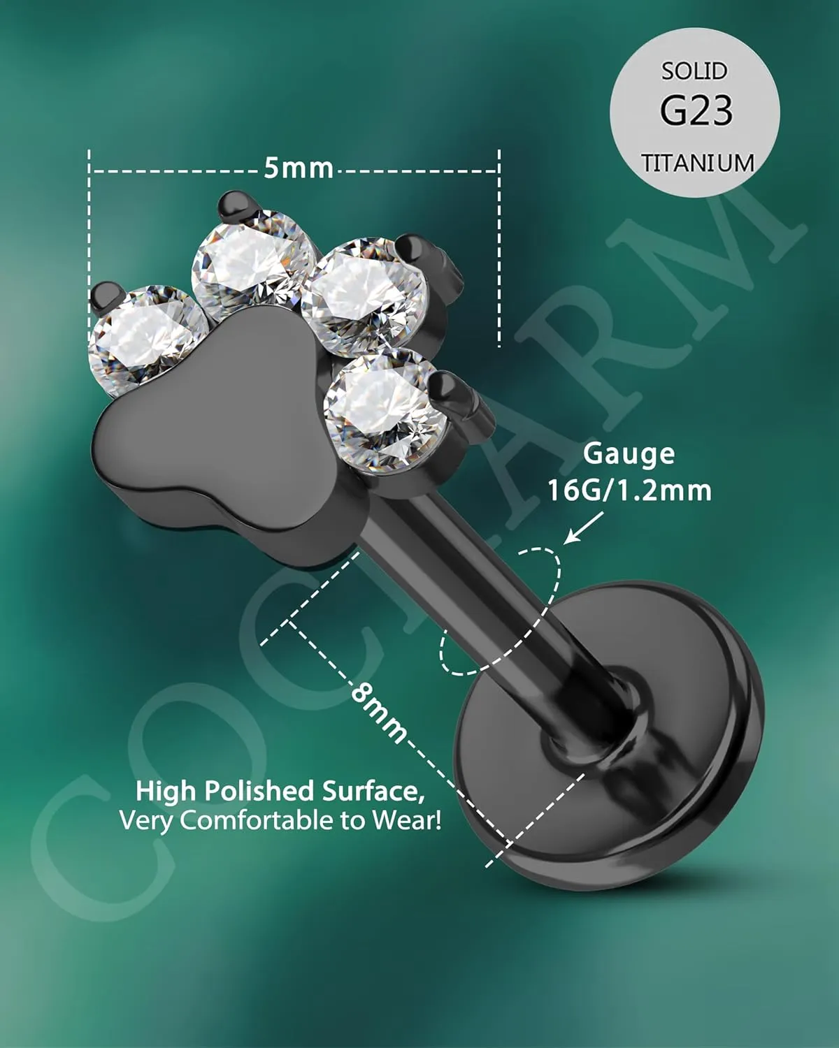 COCHARM G23 Titanium Cartilage Earring Stud for Helix 16g Flat Back Dog Paw Cartilage Piercing Jewelry Front Top Screw Helix Tragus Earrings