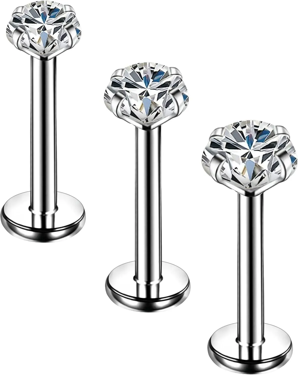 COCHARM G23 Titanium Labret Stud 16g Flat Back Surgical Steel Labret Piercing Jewelry Top Threaded Monroe Lip Stud 2mm/3mm/4mm Imitated Diamond Conch Earrings Hypoallergenic
