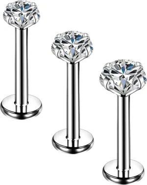 COCHARM G23 Titanium Labret Stud 16g Flat Back Surgical Steel Labret Piercing Jewelry Top Threaded Monroe Lip Stud 2mm/3mm/4mm Imitated Diamond Conch Earrings Hypoallergenic