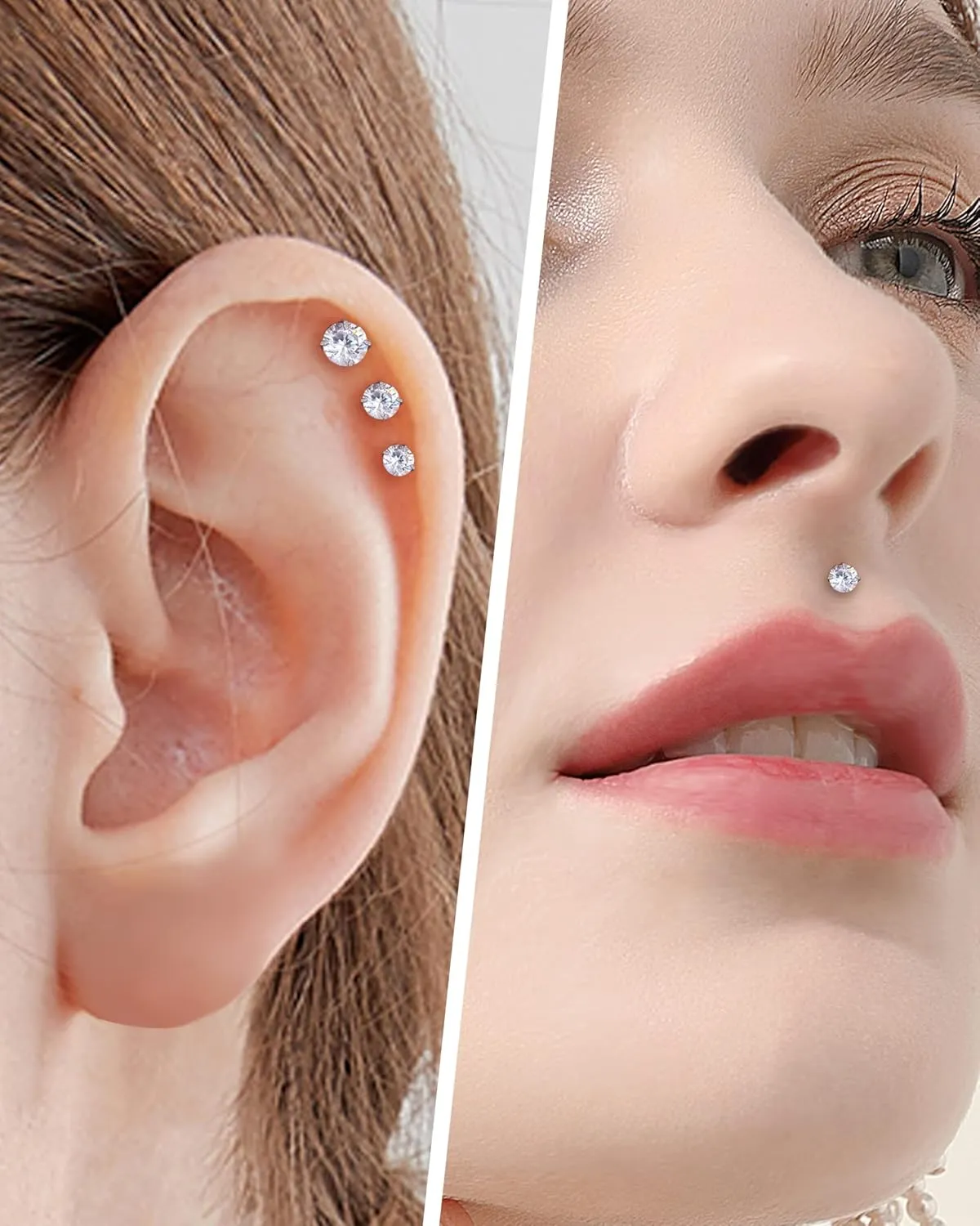 COCHARM G23 Titanium Labret Stud 16g Flat Back Surgical Steel Labret Piercing Jewelry Top Threaded Monroe Lip Stud 2mm/3mm/4mm Imitated Diamond Conch Earrings Hypoallergenic