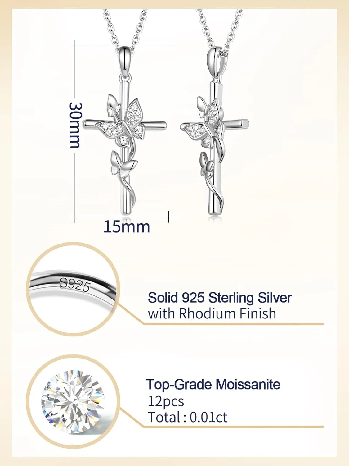 Color-D VVS1 Clarity Moissanite Butterfly Pendant Necklace for Women, Really Authentic Solid 925 Sterling Silver, 16"/18"/20" Adjustable Chain, Anniversary Mother's Day Christmas Valentines Gift