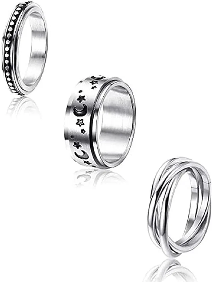 COLORFUL BLING 3 Pcs Set Moon Star Sun Fine Tuning Rotating Ring Proposal Ring Fashion Stainless Steel Boho Jewelry for Women Men