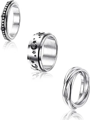 COLORFUL BLING 3 Pcs Set Moon Star Sun Fine Tuning Rotating Ring Proposal Ring Fashion Stainless Steel Boho Jewelry for Women Men