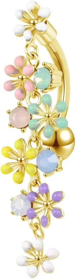 Colorful Daisy Flower Belly Button Ring 316L Surgical Stainless Steel CZ Cute Enamel Flowers Dangle Navel Belly Rings Dainty Body Piercing Jewelry Gifts for Women 14G