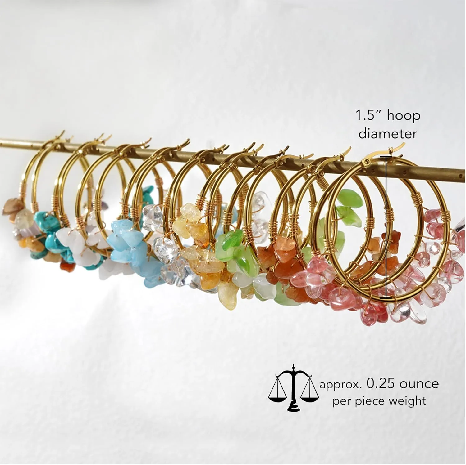 Colorful Gemstone Large Gold Beaded Hoop Earrings for Women, Statement Boho Handmade Natural Stone Beads Huggie Earring Beach Summer Jewelry Gift