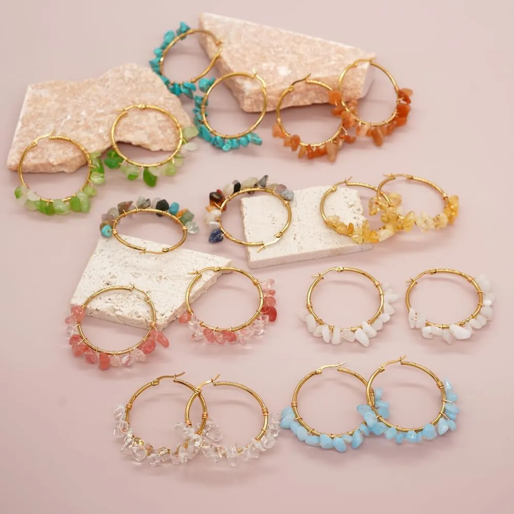 Colorful Gemstone Large Gold Beaded Hoop Earrings for Women, Statement Boho Handmade Natural Stone Beads Huggie Earring Beach Summer Jewelry Gift