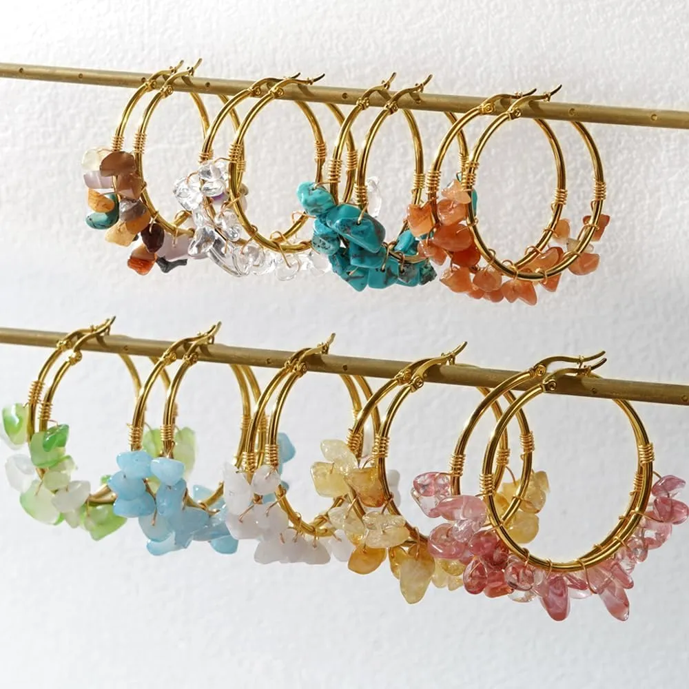 Colorful Gemstone Large Gold Beaded Hoop Earrings for Women, Statement Boho Handmade Natural Stone Beads Huggie Earring Beach Summer Jewelry Gift