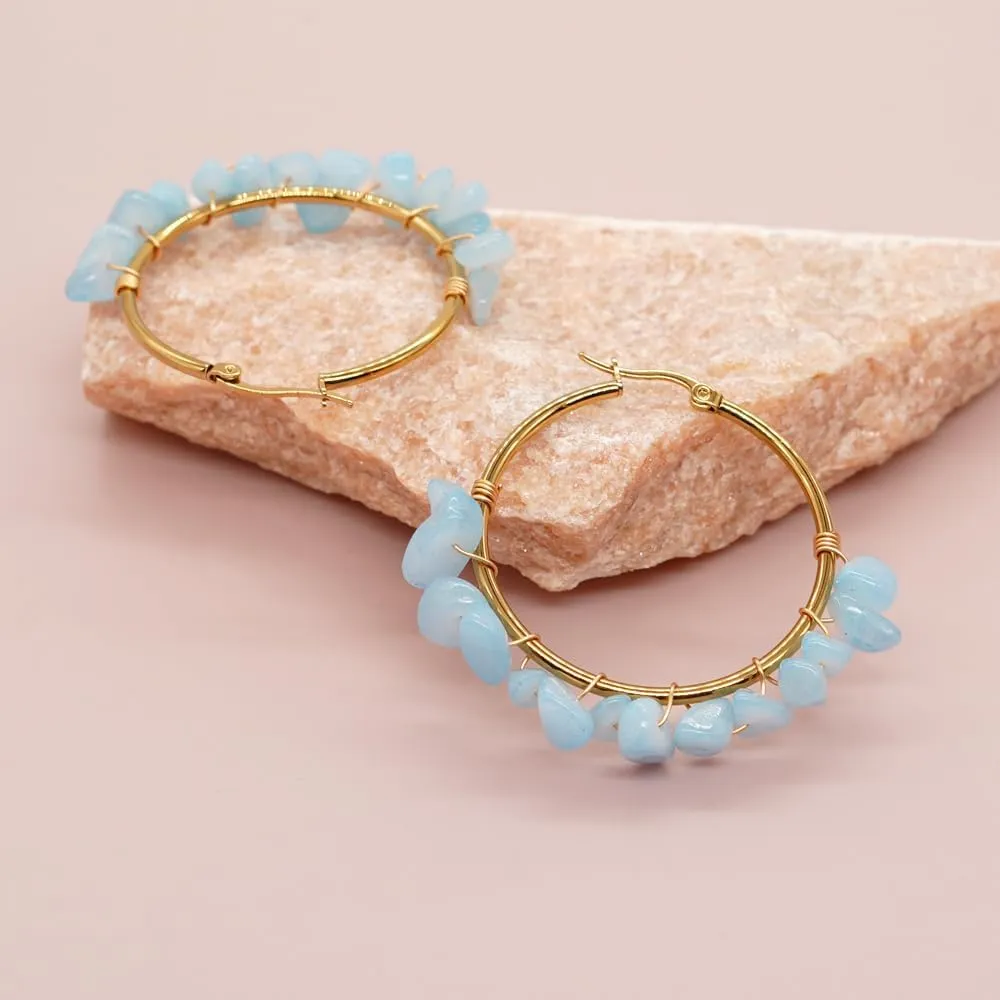 Colorful Gemstone Large Gold Beaded Hoop Earrings for Women, Statement Boho Handmade Natural Stone Beads Huggie Earring Beach Summer Jewelry Gift