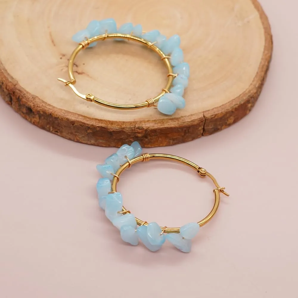 Colorful Gemstone Large Gold Beaded Hoop Earrings for Women, Statement Boho Handmade Natural Stone Beads Huggie Earring Beach Summer Jewelry Gift