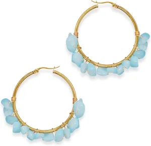 Colorful Gemstone Large Gold Beaded Hoop Earrings for Women, Statement Boho Handmade Natural Stone Beads Huggie Earring Beach Summer Jewelry Gift