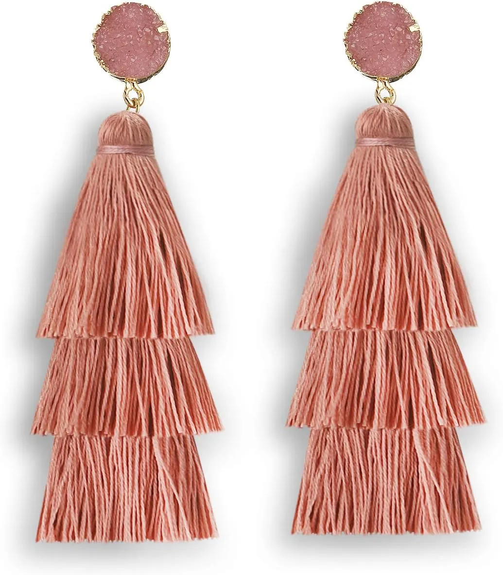 Colorful Tassel Earrings 3 Tier Layered Bohemian, Eardrop Big Dangle Drop Fashion Jewelry Earrings for Women Teen Girls Valentine Birthday Party Gift