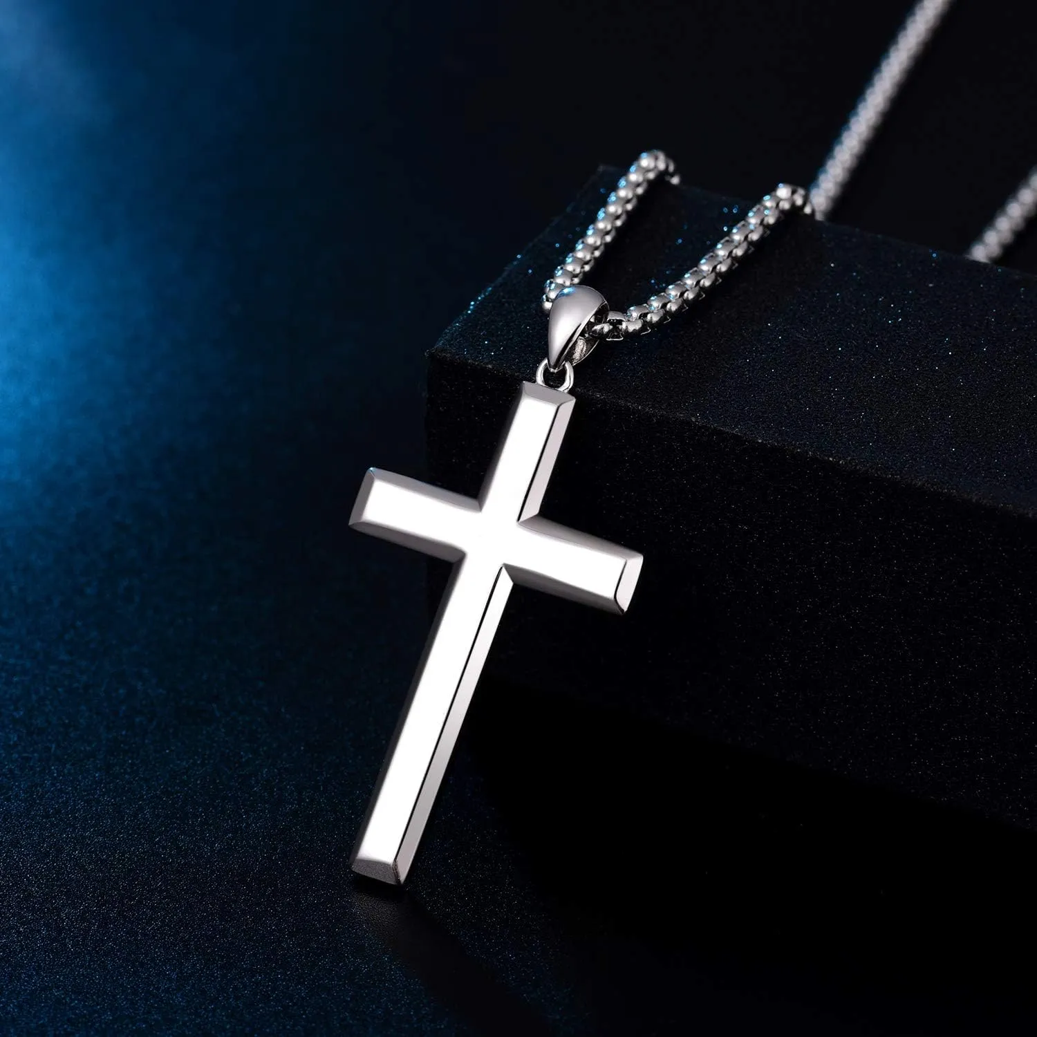 Cool Cross Pendant Necklace Classic High Polish Sterling Silver Shiny Cross Pendant Long Necklace for Men/Women