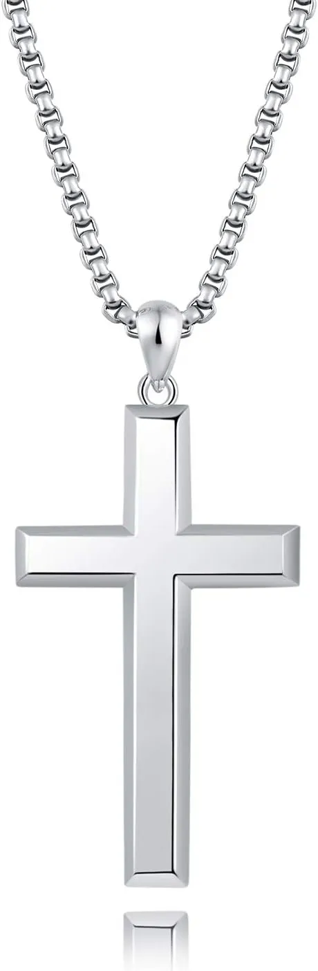 Cool Cross Pendant Necklace Classic High Polish Sterling Silver Shiny Cross Pendant Long Necklace for Men/Women
