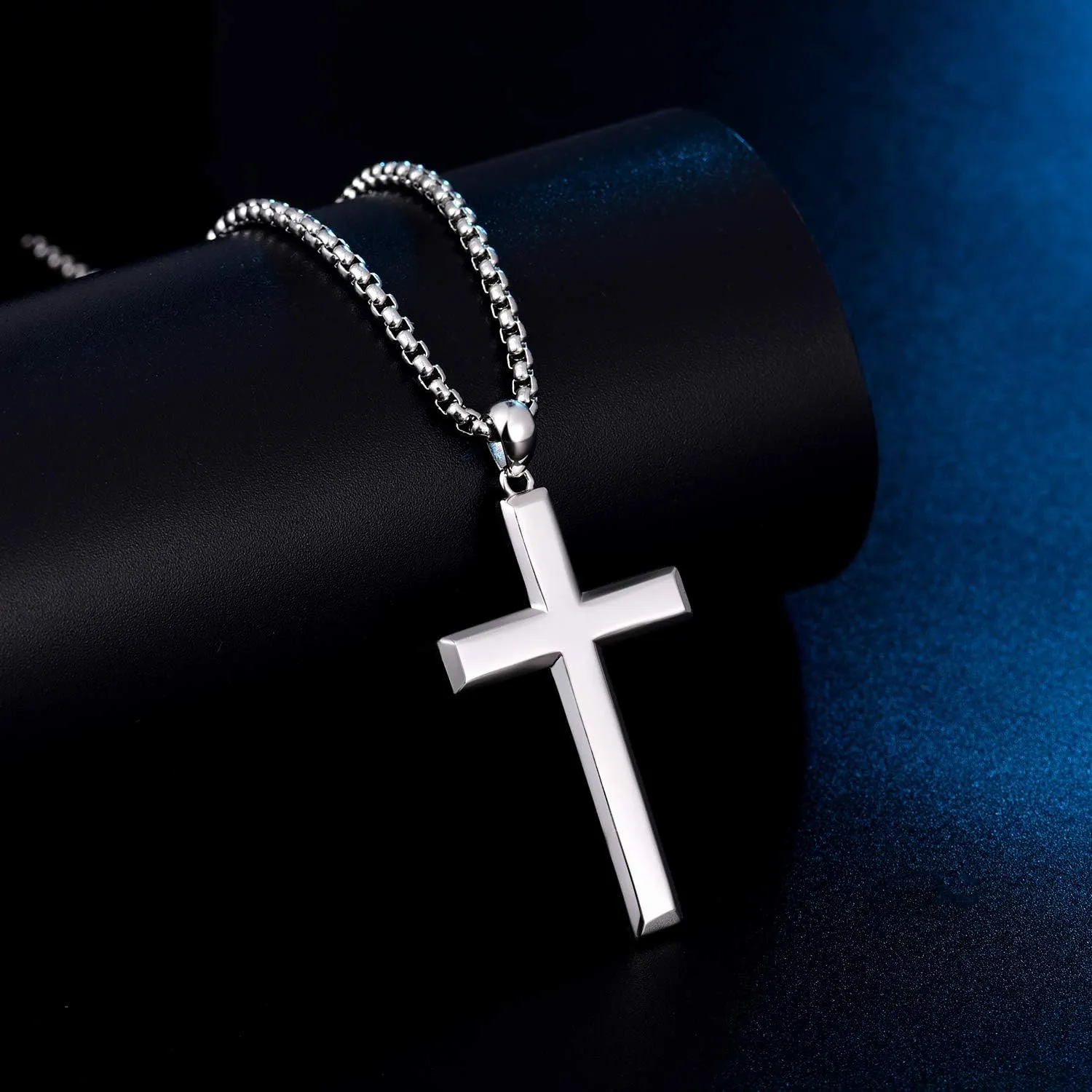 Cool Cross Pendant Necklace Classic High Polish Sterling Silver Shiny Cross Pendant Long Necklace for Men/Women