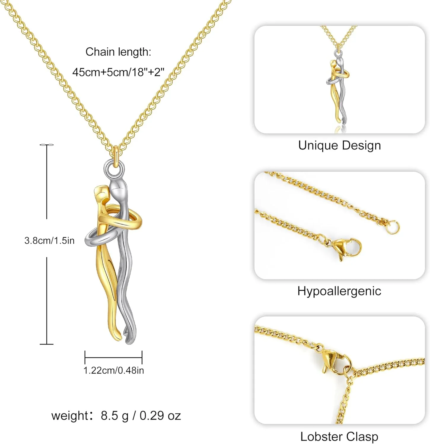 Couple Hug Necklace, Stainless Steel Love Necklace for Women Hugging Pendant Couples Jewelry for Him and Her Promise Matching Jewelry Gifts for Women Wife