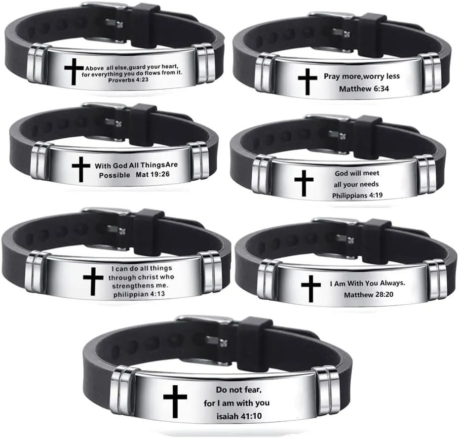 Cross Adjustable Bracelet Inspirational Quote Faith Christian Bible Verse Silicone ID Wristband Religious Gifts for Men Women
