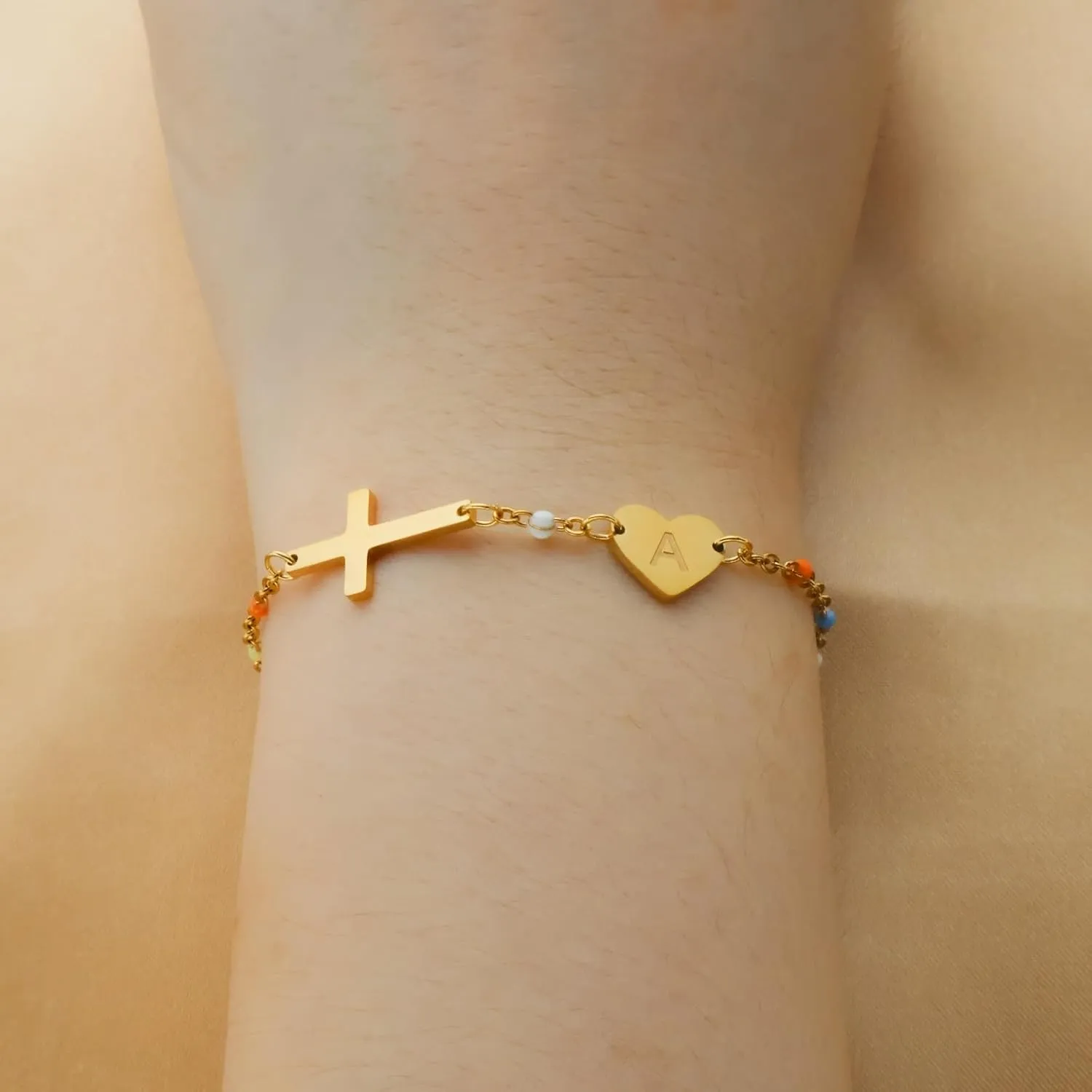 Cross Bracelet for Women, prayer bracelet for women, Christian Jewelry, Heart Initial Bracelet, Initial Bracelet For Women, 18K Gold Plated Initial Bracelets for Women, Christian Bracelet for Women