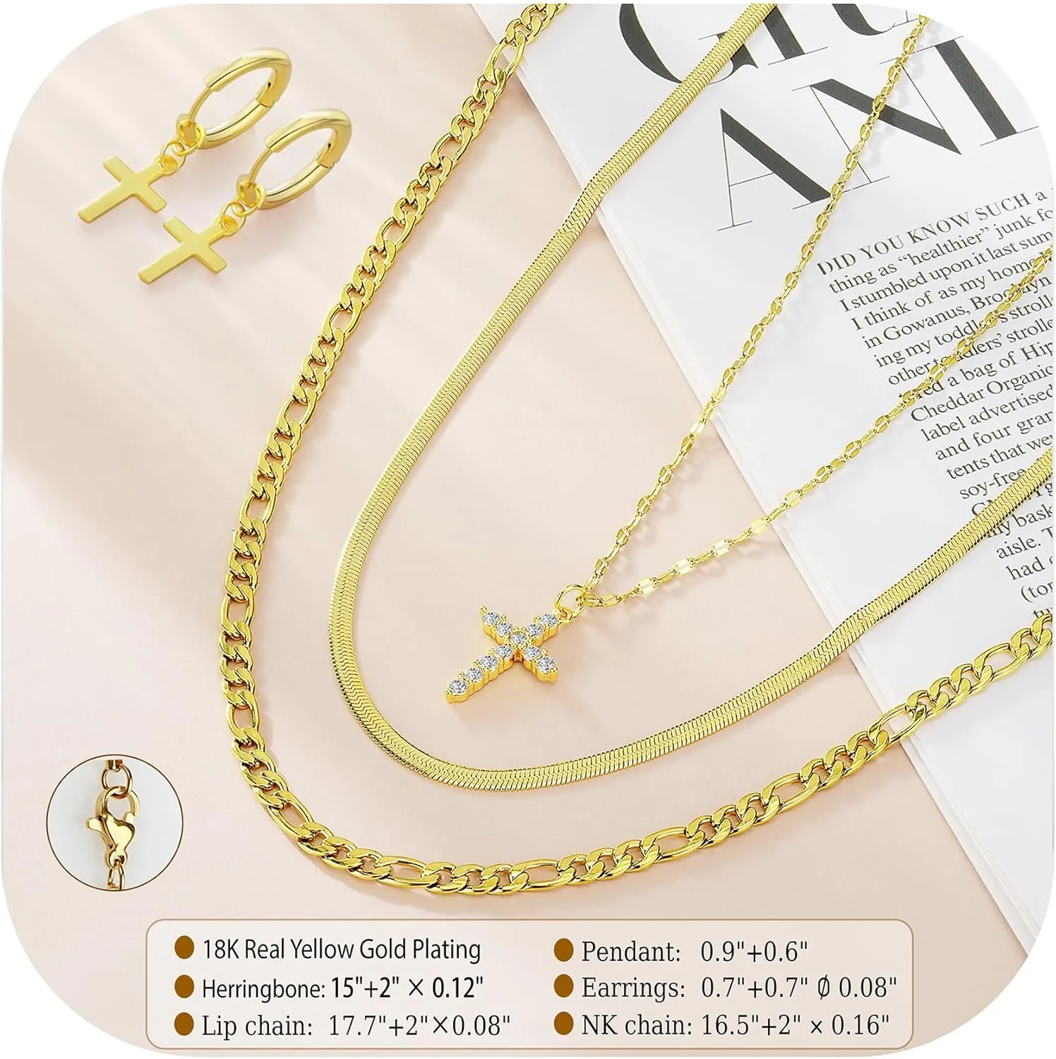 Cross Necklace for Women & Men, 18K Gold Plated Zircon Pendant Layered Necklace Set with 3 Chains   Earrings, Adjustable Length