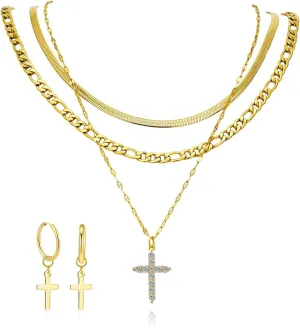 Cross Necklace for Women & Men, 18K Gold Plated Zircon Pendant Layered Necklace Set with 3 Chains   Earrings, Adjustable Length