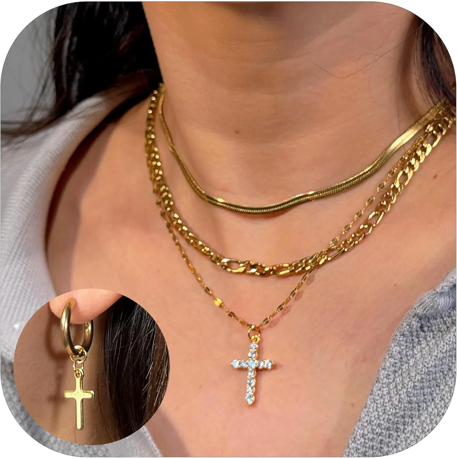Cross Necklace for Women & Men, 18K Gold Plated Zircon Pendant Layered Necklace Set with 3 Chains   Earrings, Adjustable Length