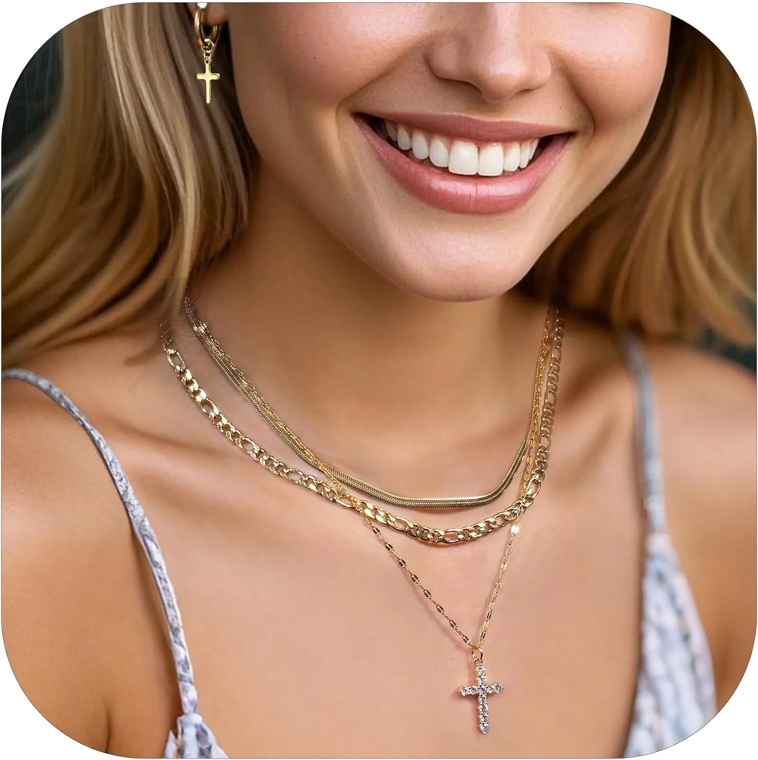 Cross Necklace for Women & Men, 18K Gold Plated Zircon Pendant Layered Necklace Set with 3 Chains   Earrings, Adjustable Length