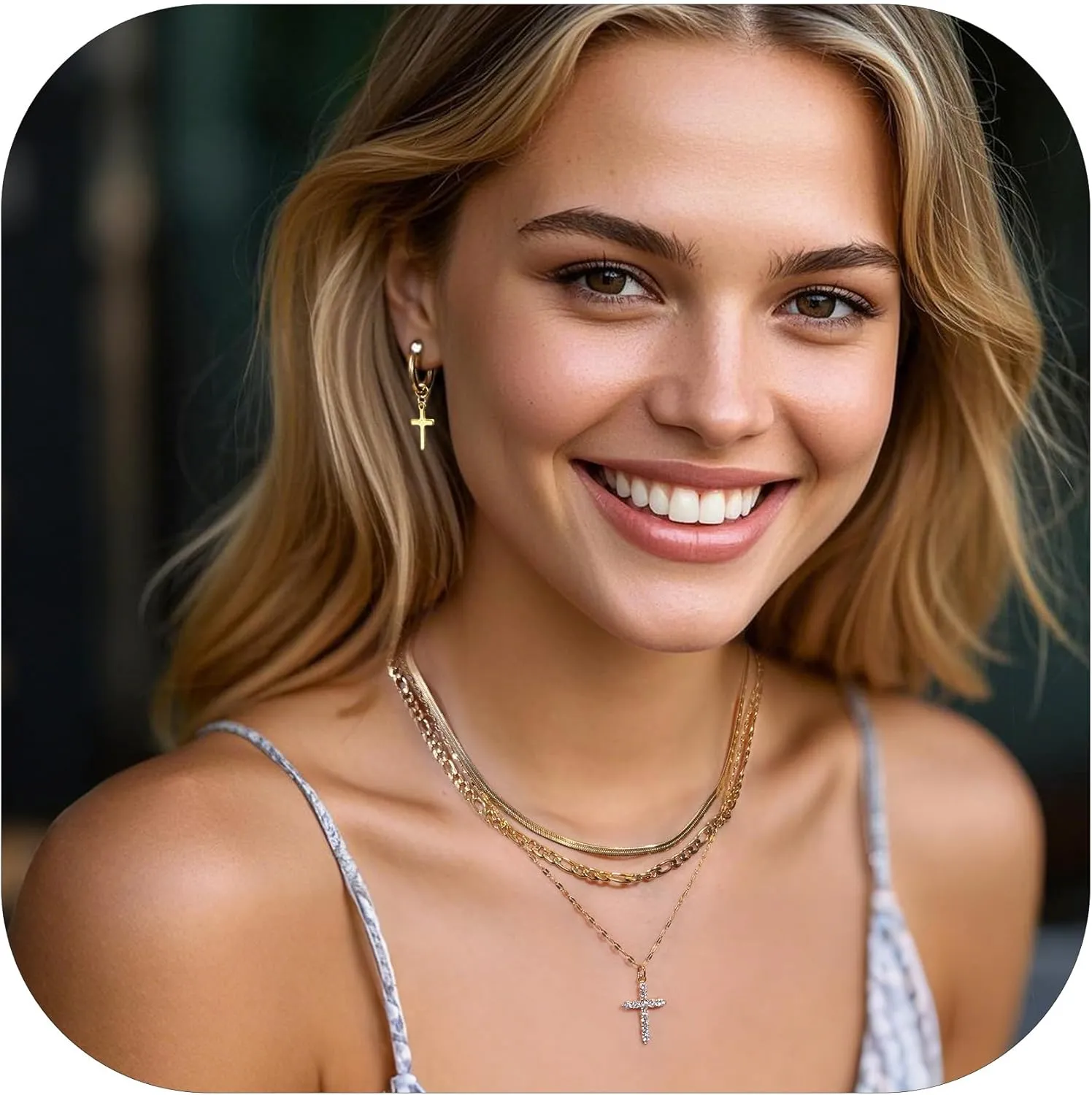 Cross Necklace for Women & Men, 18K Gold Plated Zircon Pendant Layered Necklace Set with 3 Chains   Earrings, Adjustable Length