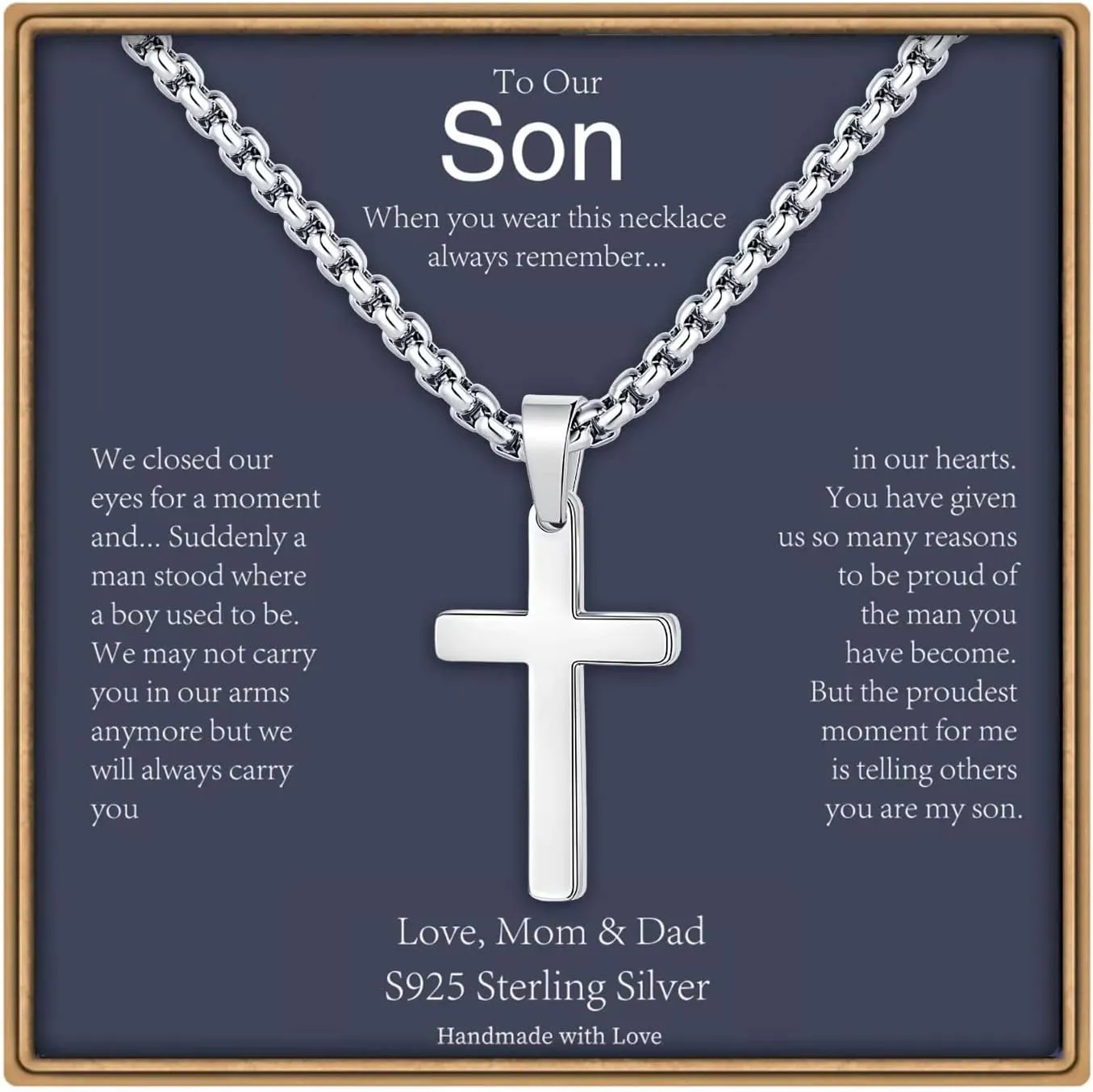 Cross Necklaces Gifts for Men Him, S925 Sterling Silver Box Chain Cross Necklace Religious Baptism Gifts for Men Grandson Son Anniversary Birthday Gifts for Dad Husband