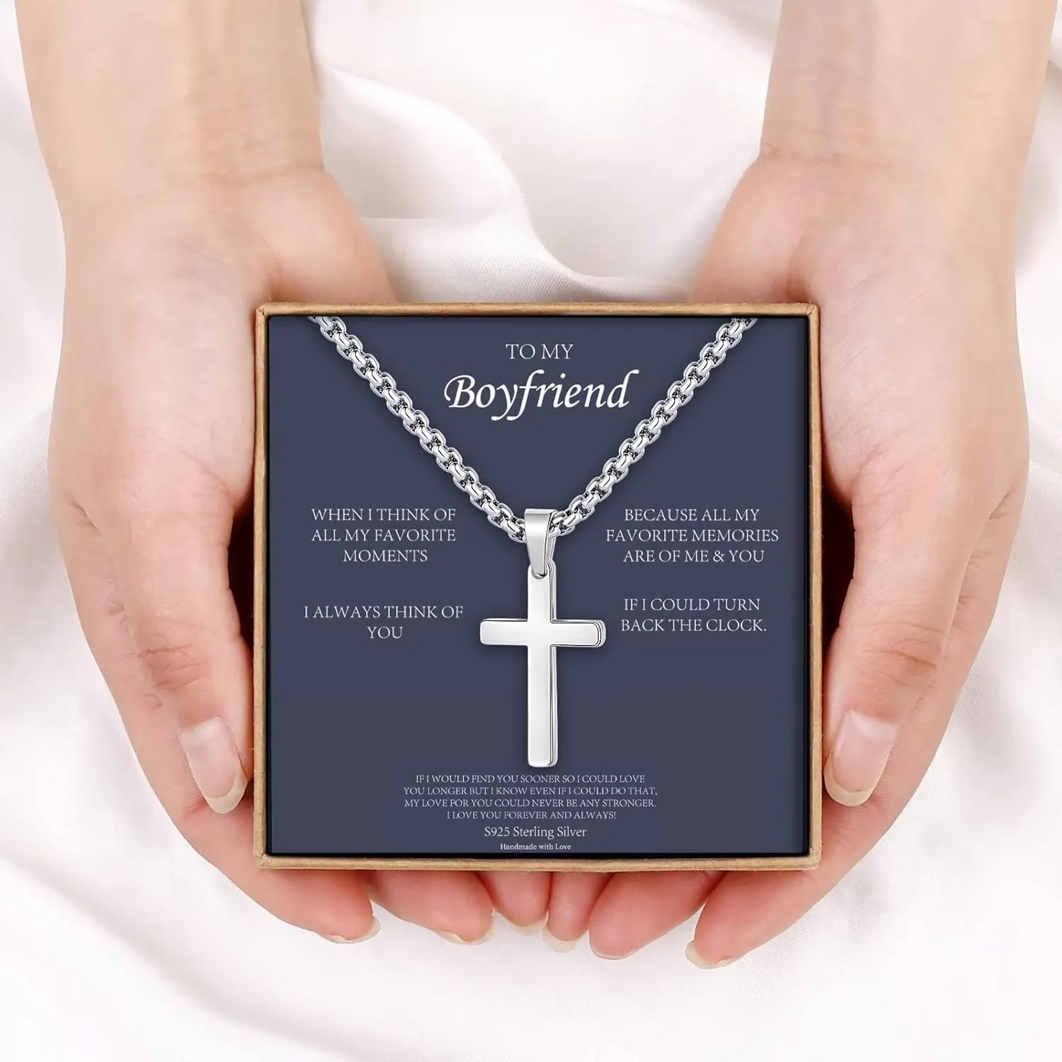 Cross Necklaces Gifts for Men Him, S925 Sterling Silver Box Chain Cross Necklace Religious Baptism Gifts for Men Grandson Son Anniversary Birthday Gifts for Dad Husband