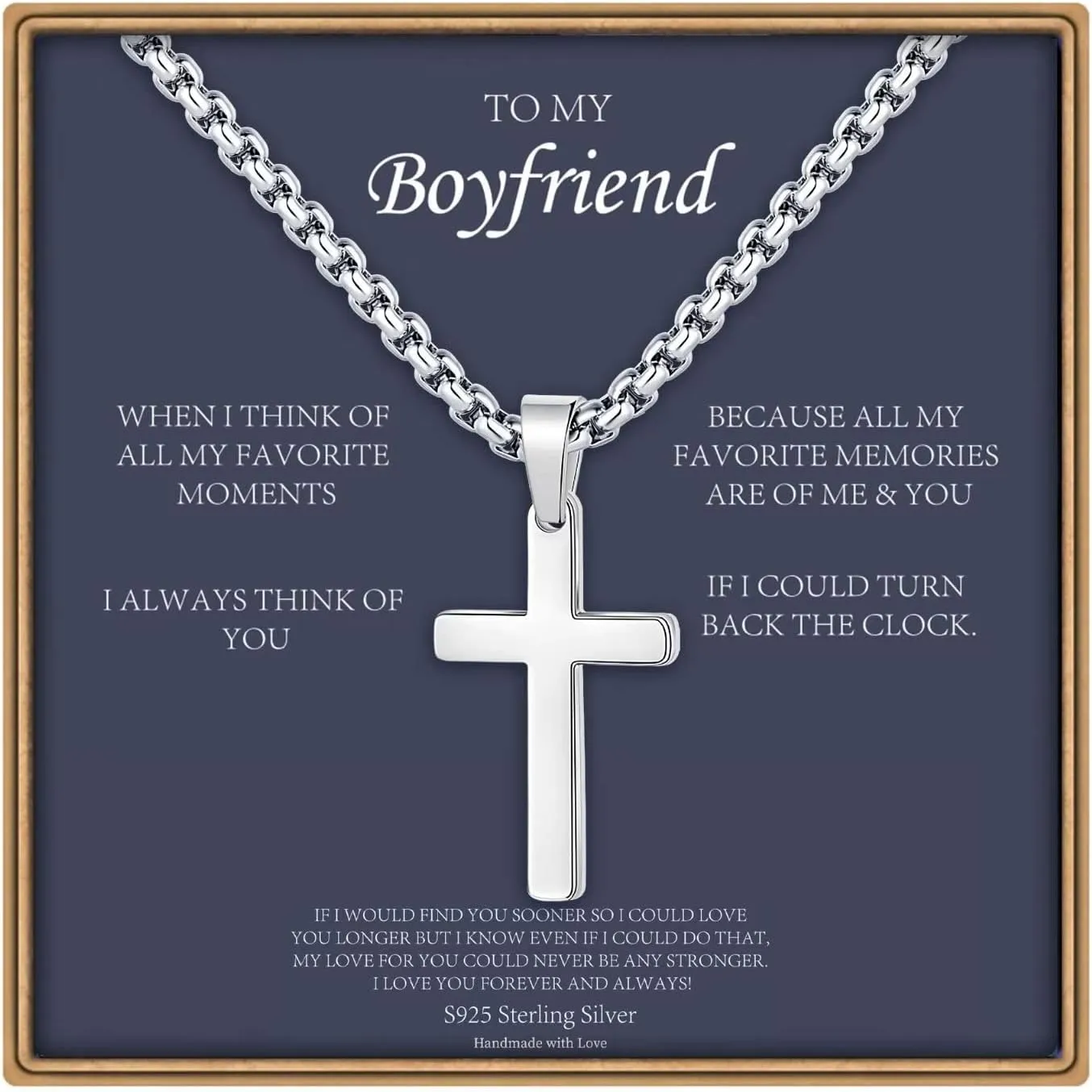 Cross Necklaces Gifts for Men Him, S925 Sterling Silver Box Chain Cross Necklace Religious Baptism Gifts for Men Grandson Son Anniversary Birthday Gifts for Dad Husband