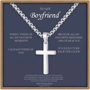 Cross Necklaces Gifts for Men Him, S925 Sterling Silver Box Chain Cross Necklace Religious Baptism Gifts for Men Grandson Son Anniversary Birthday Gifts for Dad Husband