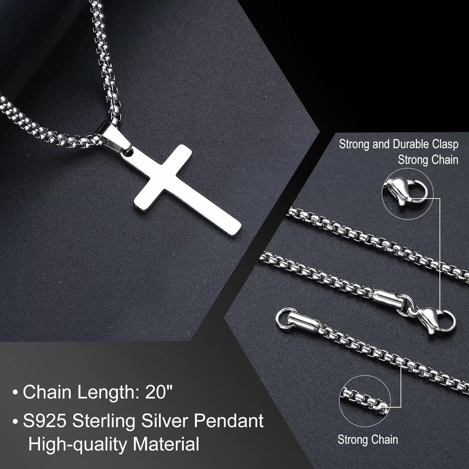 Cross Necklaces Gifts for Men Him, S925 Sterling Silver Box Chain Cross Necklace Religious Baptism Gifts for Men Grandson Son Anniversary Birthday Gifts for Dad Husband