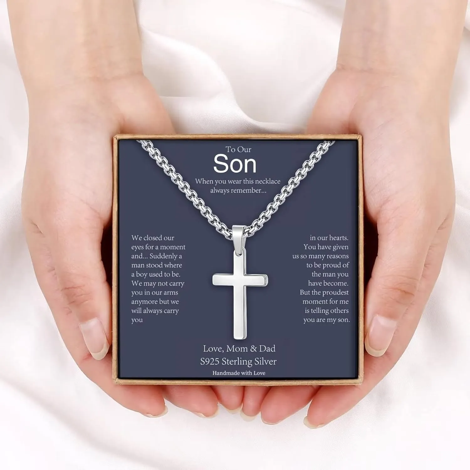 Cross Necklaces Gifts for Men Him, S925 Sterling Silver Box Chain Cross Necklace Religious Baptism Gifts for Men Grandson Son Anniversary Birthday Gifts for Dad Husband