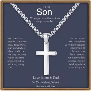 Cross Necklaces Gifts for Men Him, S925 Sterling Silver Box Chain Cross Necklace Religious Baptism Gifts for Men Grandson Son Anniversary Birthday Gifts for Dad Husband