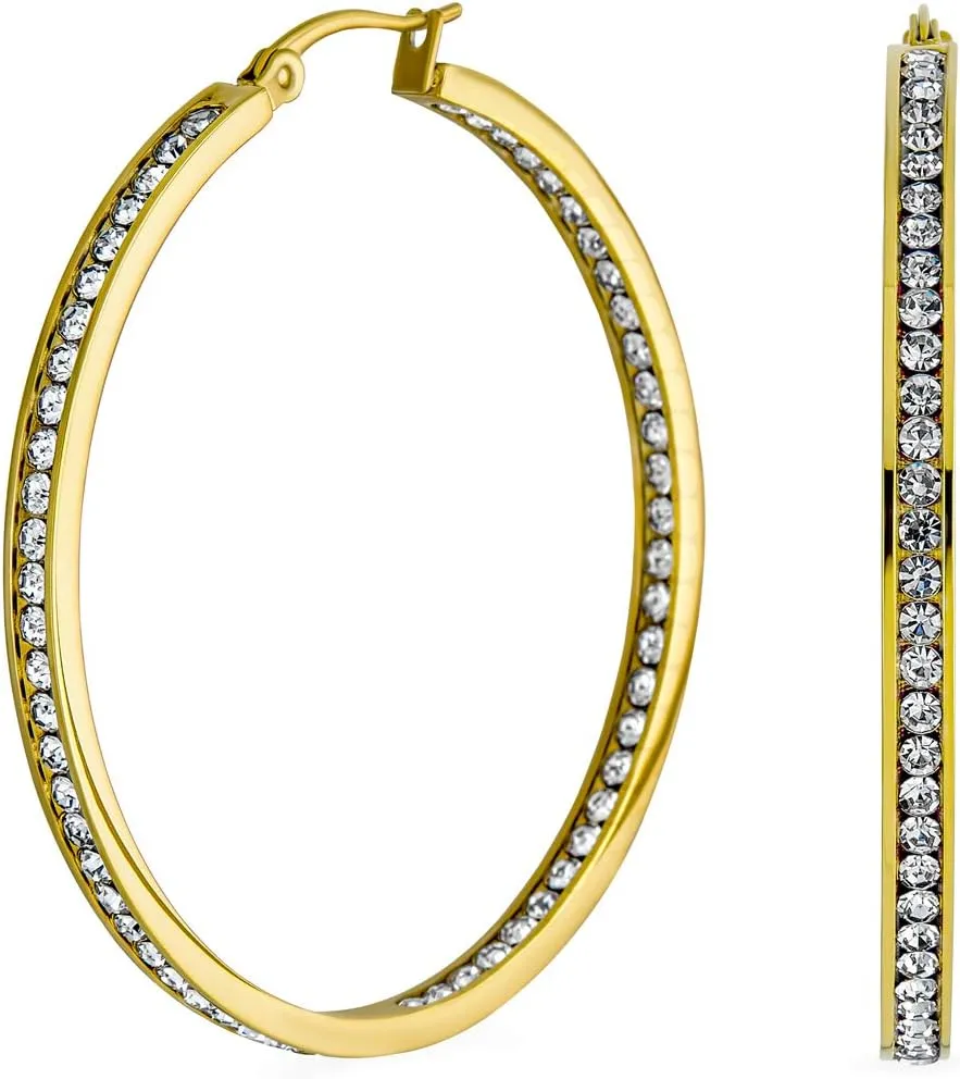 Crystal Boho Style Large Fashion Statement Big Multi Oval Hoop Earrings For Women Rose Silver Tone Stainless Steel 2in
