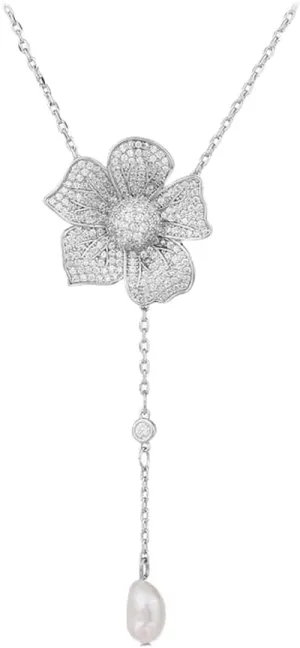 Crystal Flower Drop Y Necklace for Women Cubic Zirconia Diamond Shell Pearl Charms Pendant Choker Chain Adjustable Fashion Shiny Wedding Birthday Anniversary Jewelry Gift Box