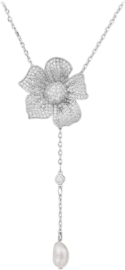 Crystal Flower Drop Y Necklace for Women Cubic Zirconia Diamond Shell Pearl Charms Pendant Choker Chain Adjustable Fashion Shiny Wedding Birthday Anniversary Jewelry Gift Box