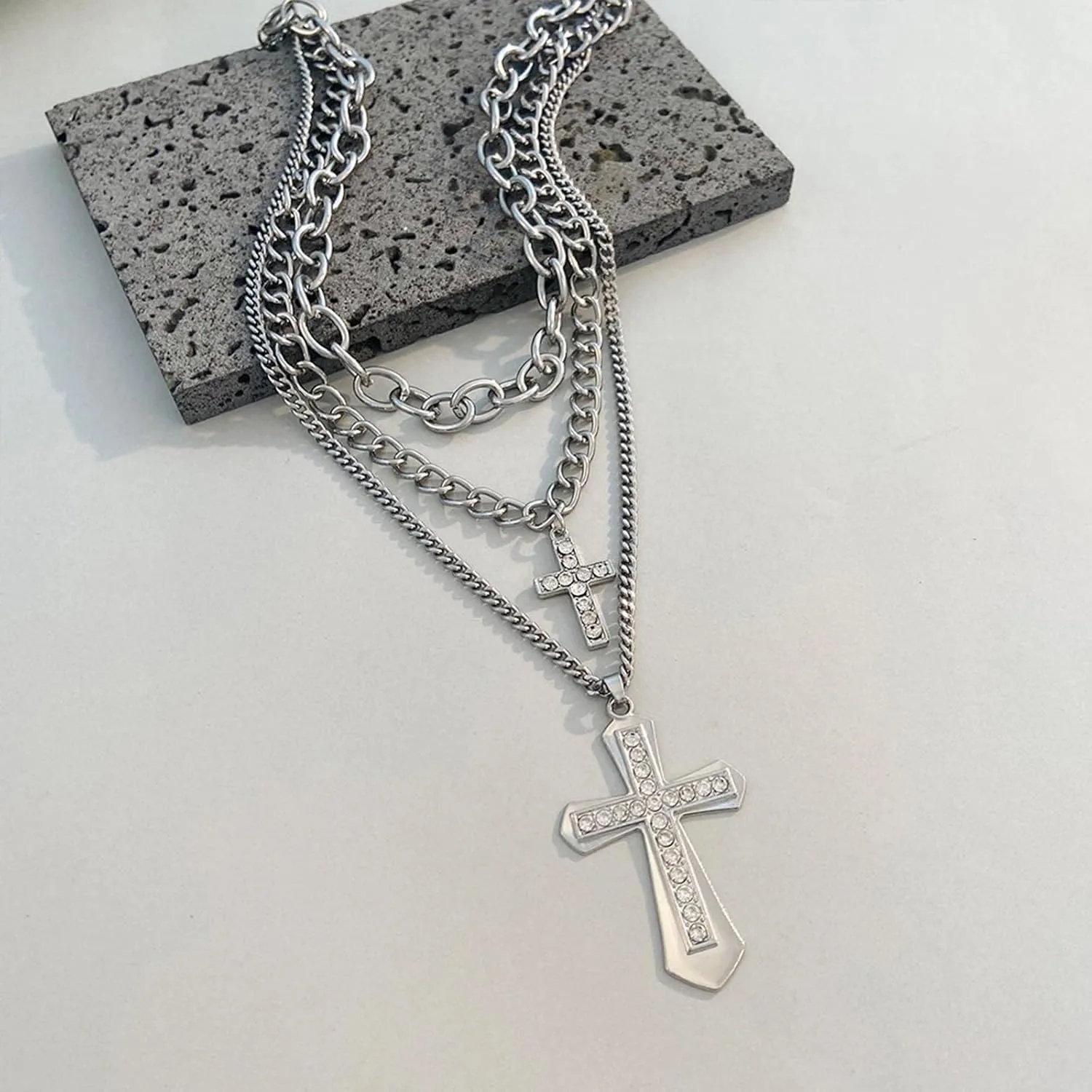 Cubic Zirconia Layered Cross Choker Necklace with Paperclip Chain and Shiny Diamond Cross - Y2K Style for Women