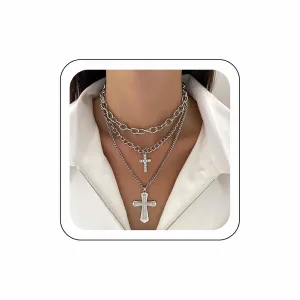 Cubic Zirconia Layered Cross Choker Necklace with Paperclip Chain and Shiny Diamond Cross - Y2K Style for Women