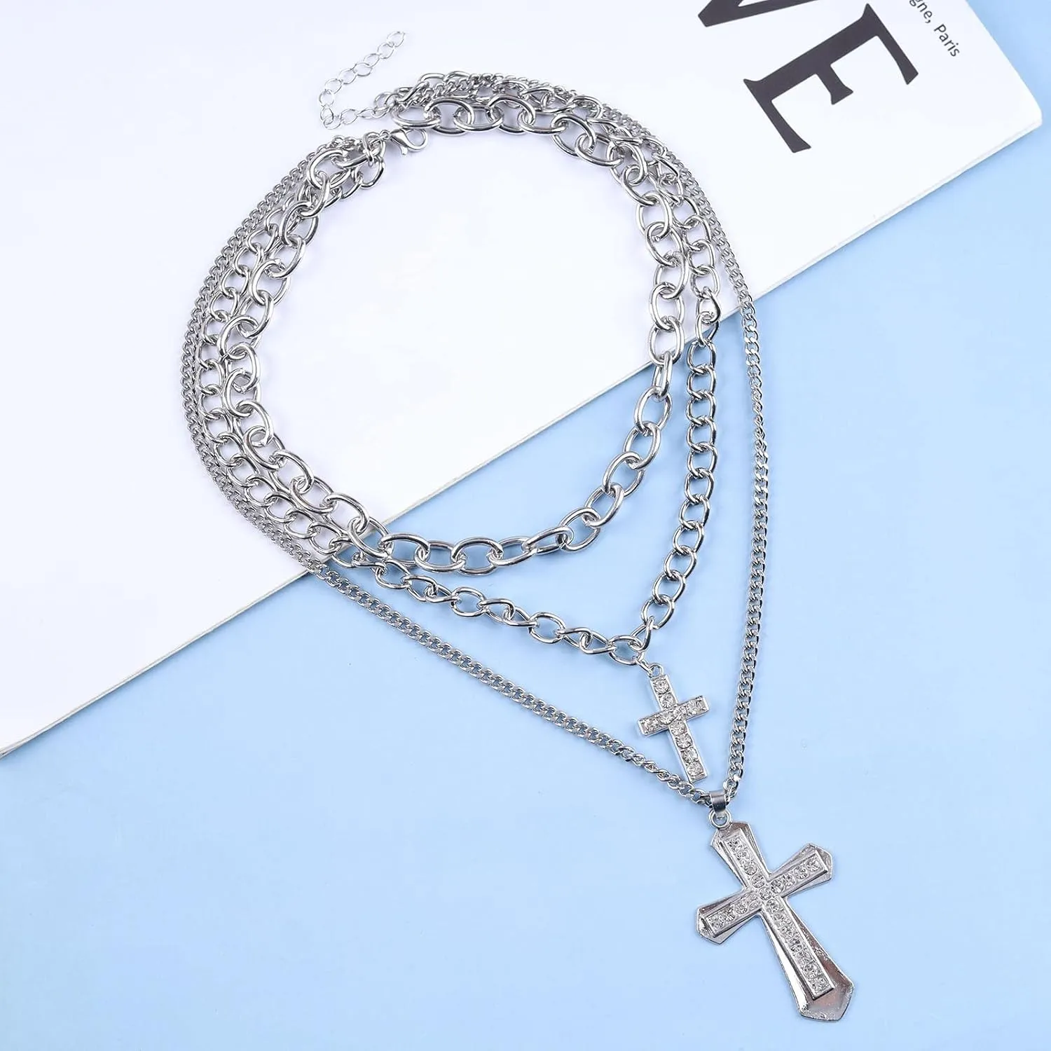 Cubic Zirconia Layered Cross Choker Necklace with Paperclip Chain and Shiny Diamond Cross - Y2K Style for Women
