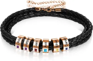 Custom Name Bracelet with Birthstones Gifts for Father's Day Personalized Engraving 1-8 Names Beads Black Braid Leather Bracelets Jewelry Gifts for Men Dad Husband Him