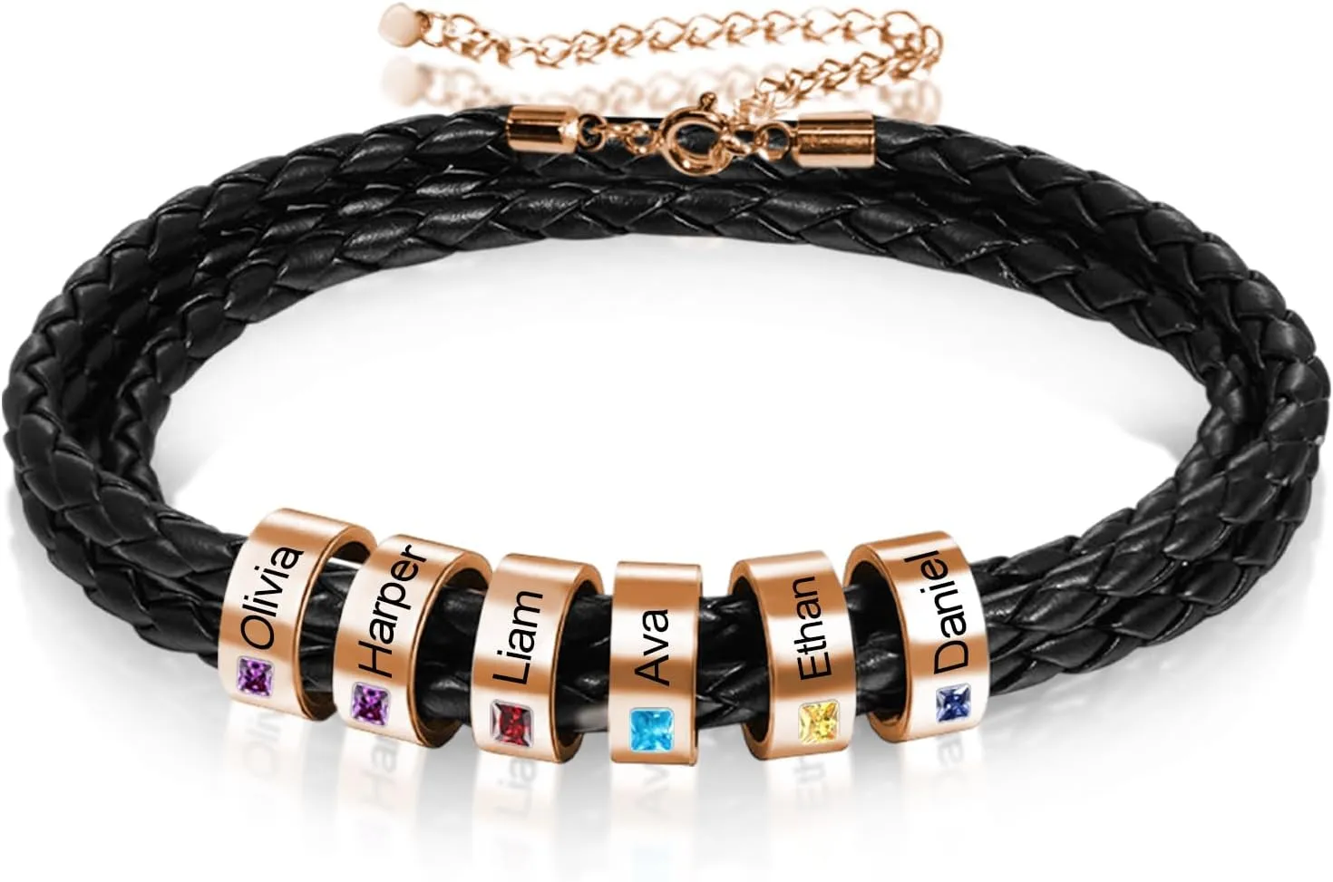 Custom Name Bracelet with Birthstones Gifts for Father's Day Personalized Engraving 1-8 Names Beads Black Braid Leather Bracelets Jewelry Gifts for Men Dad Husband Him