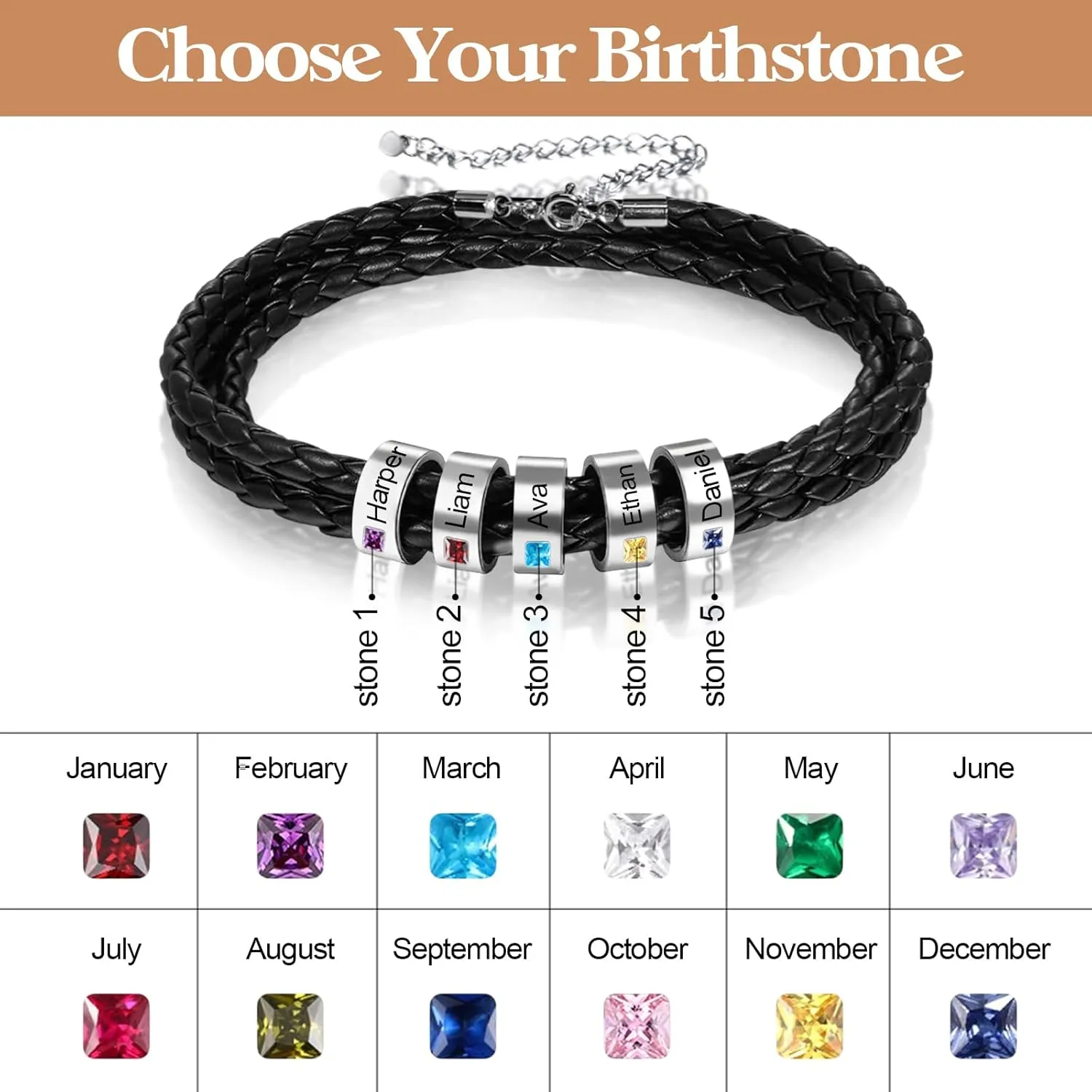 Custom Name Bracelet with Birthstones Gifts for Father's Day Personalized Engraving 1-8 Names Beads Black Braid Leather Bracelets Jewelry Gifts for Men Dad Husband Him