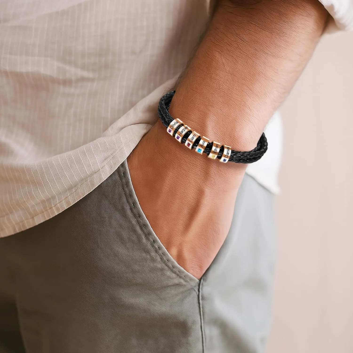 Custom Name Bracelet with Birthstones Gifts for Father's Day Personalized Engraving 1-8 Names Beads Black Braid Leather Bracelets Jewelry Gifts for Men Dad Husband Him