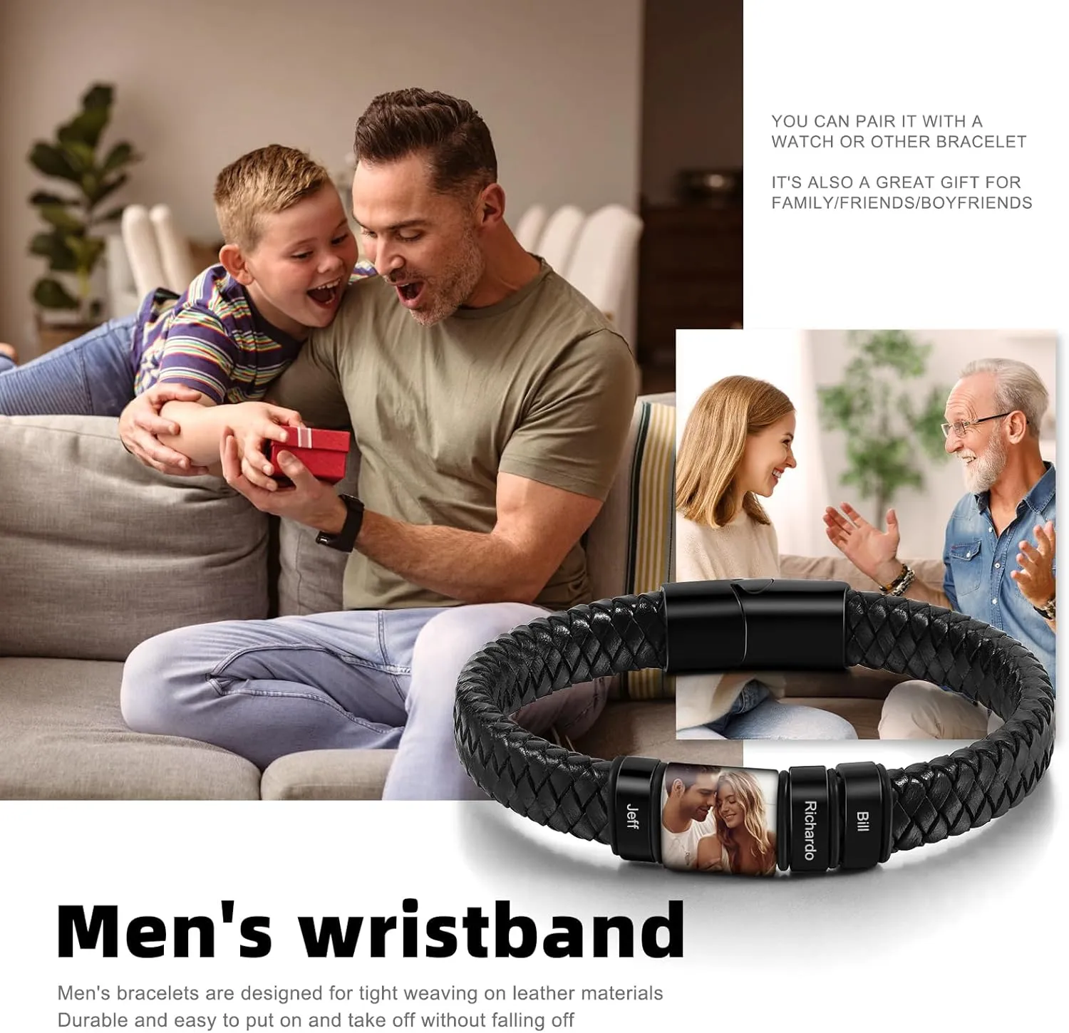 Custom Name Bracelets for Men Picture Bracelet Personalized Photo Bracelet Gifts for Dad Boyfriend Fathers Day